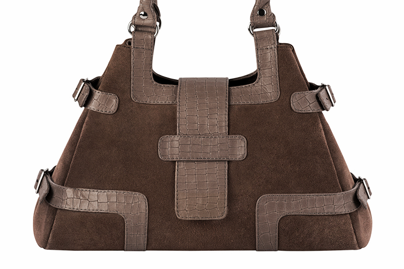 Dress large handbag in chocolate brown and bronze beige leather - Profile view